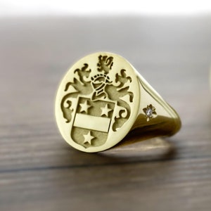 Gold Family Coat of Arms Signet Ring with Side Diamonds, Coat of Arms Signet Ring, Family Coat of Arms Ring, Family Crest Signet Ring