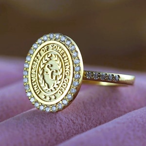 Gold Diamond Pave College Class Rings, Women's Class Ring, Gold Graduation Rings, Custom Class Rings, Graduation Rings, College Class Rings