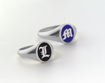 Personalized Initial Ring, Custom Enamel Signet, Womens Silver Letter Jewelry