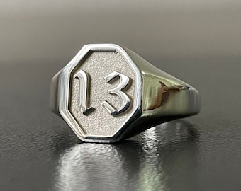 Number 13 Signet Ring, Custom Signet Ring, Silver Signet Ring, Initial Signet Ring, Sterling Silver Signet Ring, Engraved Signet Ring