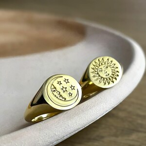 Moon and Stars Ring, Celestial Ring, Crescent Moon Ring, Gold Crescent Moon Ring, Moon Star Ring, Gold Pinky Signet Ring, Gold Pinky Ring