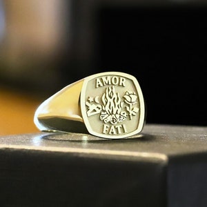 Amor Fati Gold Cushion Ring, Amor Fati Signet Ring, Fate Ring, Love of Fate Ring, Amor Fati Jewelry, Meaningful Jewelry, Stoic Jewelry