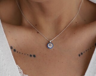 Collana Con 5 Ciondoli Nazar (Occhio Di Allah) In Argento Sterling 925 E Zirconi - Protezione Dal Malocchio, Regolabile 40-45 Cm, Regalo