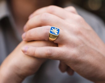 Blue Enamel Gold Griffin Signet Ring, Cushion Signet Ring, Gold Signet Ring, Gold Signet Ring Men, Griffin Ring, Mens Pinky Ring, Mens Ring