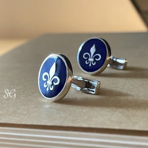 Gemelos de flor de lis, gemelos de plata, gemelos azules, gemelos azul marino, gemelos de plata esterlina, gemelos esmaltados, regalos para hombres