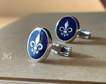 Fleur de lis Cufflinks, Silver Cufflinks, Blue Cufflinks, Navy Blue Cufflinks, Sterling Silver Cufflinks, Enamel Cufflinks, Gifts for Men