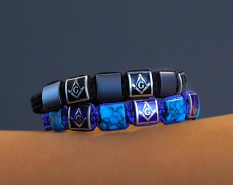 Silver Masonic Bracelet for Men, Mens Masonic Silver Bracelet, Mens Masonic Silver Rope Bracelet with Enamel, Silver Masonic Lodge Bracelet