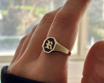 Gold Black Enamel Initial Ring, Initial Signet Ring, Initial Ring, Letter  Signet Ring, Letter Rings, Gold Initial Ring, Initial Ring Silver