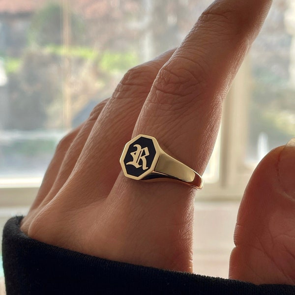 Gold Black Enamel Initial Ring, Initial Signet Ring, Initial Ring, Letter Signet Ring, Letter Rings, Gold Initial Ring, Initial Ring Silver