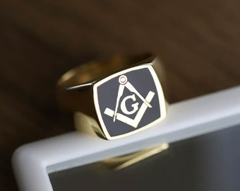 Freimaurerring in Gold und Schwarz mit Emaille, Freimaurerring, Siegelring, kleiner Fingerring, schwarzer Freimaurerring, Freimaurerring