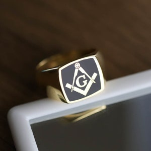 Gold Black Enamel Masonic Ring, Masonic Ring, Freemason Ring, Masonic Signet Ring, Masonic Pinky Ring, Black Masonic Ring, Free Mason Ring