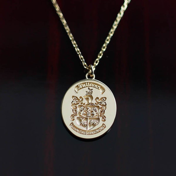 Gold Family Crest Pendant Necklace, Coat of Arms Necklace, Family Necklace Gold, Family Crest Jewelry, Gold Family Necklace, Gold Pendant