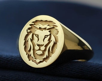 Gold Lion Ring, Lion Head Ring, Mens Lion Head Ring, 14k Gold Lion Ring, Mens Signet Ring, Men's Lion Ring, Mens Gold Signet Ring, Mens Ring