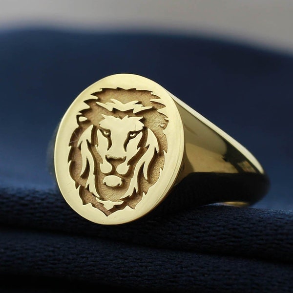 Anillo de león de oro, anillo de cabeza de león, anillo de cabeza de león para hombre, anillo de león de oro de 14k, anillo de sello para hombre, anillo de león para hombre, anillo de sello de oro para hombre, anillo para hombre