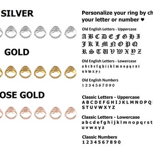 May include: Image of signet rings in silver, gold, and rose gold. The image shows rings with letters and numbers in Old English and Classic fonts. Text reads: "Personalise your ring by choosing your letter or number."