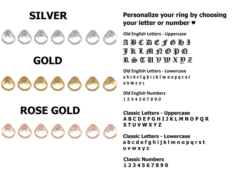 May include: Image of signet rings in silver, gold, and rose gold. The image shows rings with letters and numbers in Old English and Classic fonts. Text reads: "Personalise your ring by choosing your letter or number."