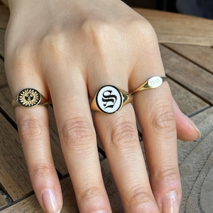 Gold Blue Enamel Initial Signet Ring, Initial Signet Ring, Initial Ring, Letter Signet Ring, Gold Initial Ring, Initial Ring Silver, Black image 5