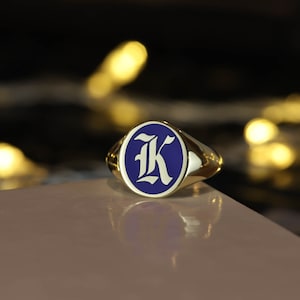 Gold Blue Enamel Initial Signet Ring, Initial Signet Ring, Initial Ring, Letter Signet Ring, Gold Initial Ring, Initial Ring Silver, Black image 6