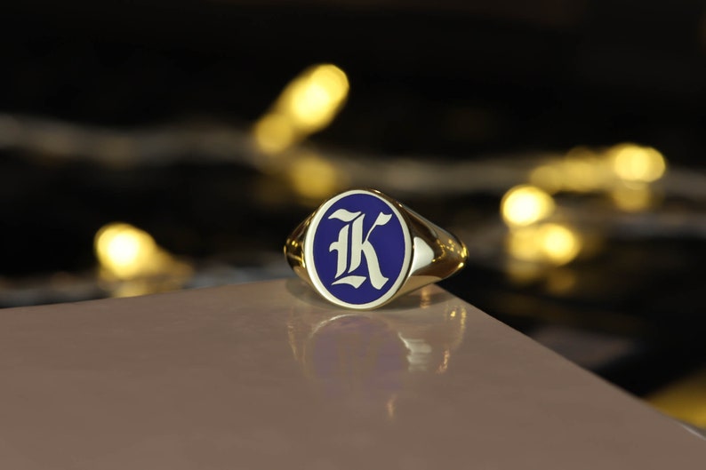 Gold Blue Enamel Initial Signet Ring, Initial Signet Ring, Initial Ring, Letter Signet Ring, Gold Initial Ring, Initial Ring Silver, Black image 6