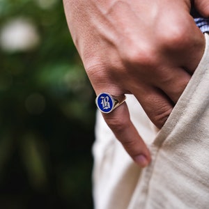 Gold Blue Enamel Initial Signet Ring, Initial Signet Ring, Initial Ring, Letter Signet Ring, Gold Initial Ring, Initial Ring Silver, Black image 2