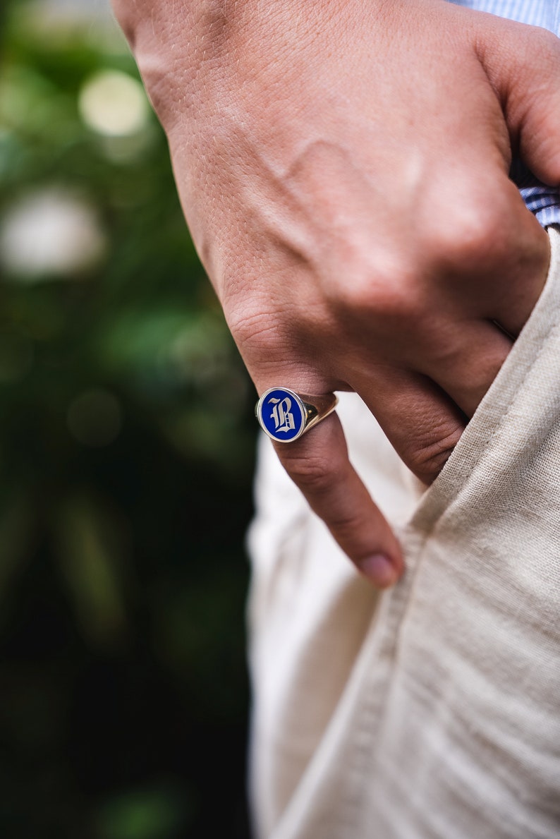 Gold Blue Enamel Initial Signet Ring, Initial Signet Ring, Initial Ring, Letter Signet Ring, Gold Initial Ring, Initial Ring Silver, Black image 2