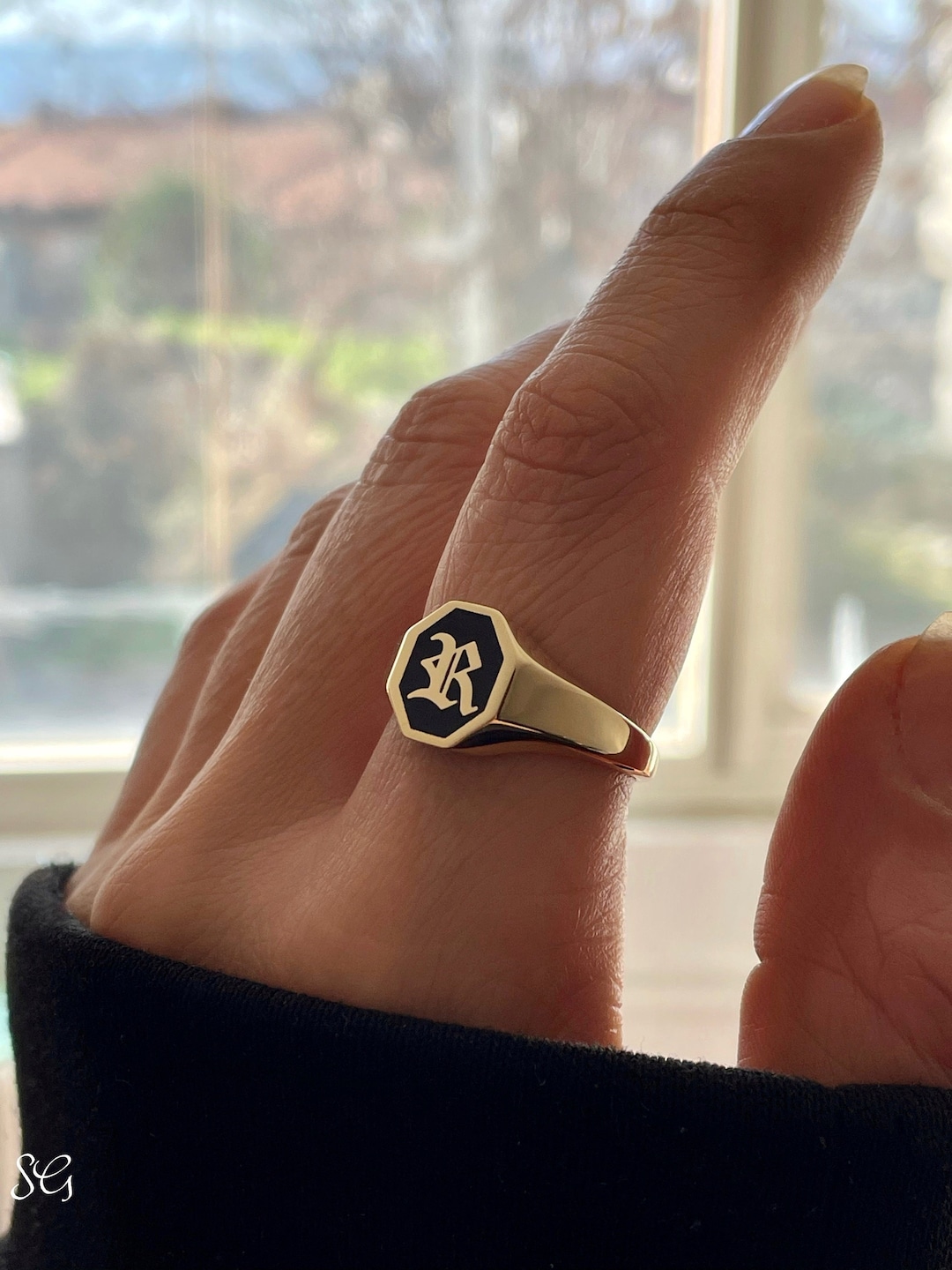 Signet Ring Gold Ring R Letter Buy Gold Black Enamel Initial Ring