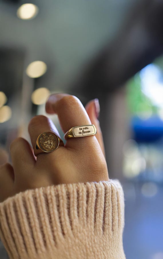 Solid Gold Signet Ring, Custom Engraved Inspirational Quote