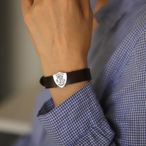 Custom Silver Leather Bracelet Mens, Silver Engraved Bracelets for Men, Custom Made Leather Bracelet, Leather Silver Bracelet for Men