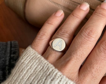 Silver Diamond Initial Signet Ring, Diamond Initial Ring, Diamond Letter Ring, Sterling Silver Initial Ring, Silver Initial Ring,