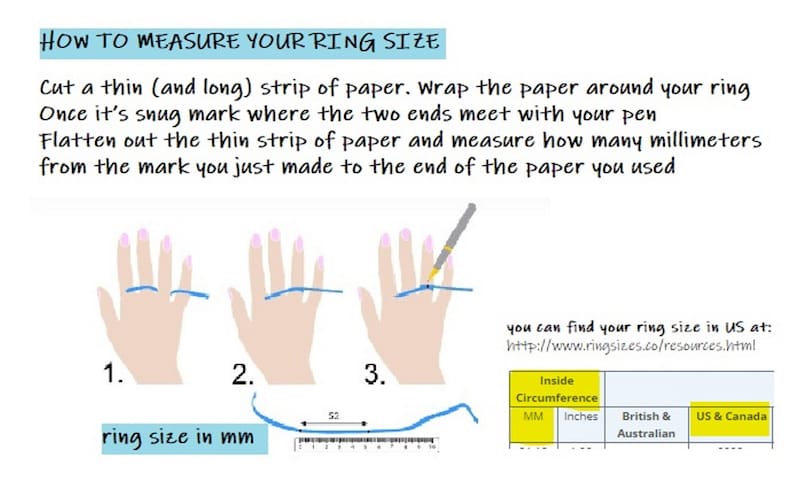 May include: Diagram showing how to measure ring size. Instructions include wrapping paper around the finger, marking the overlap, and measuring in millimetres. Includes a ring size conversion chart.