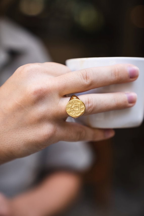 Gold Diamond Family Crest Signet Ring Family Crest Rings Gold