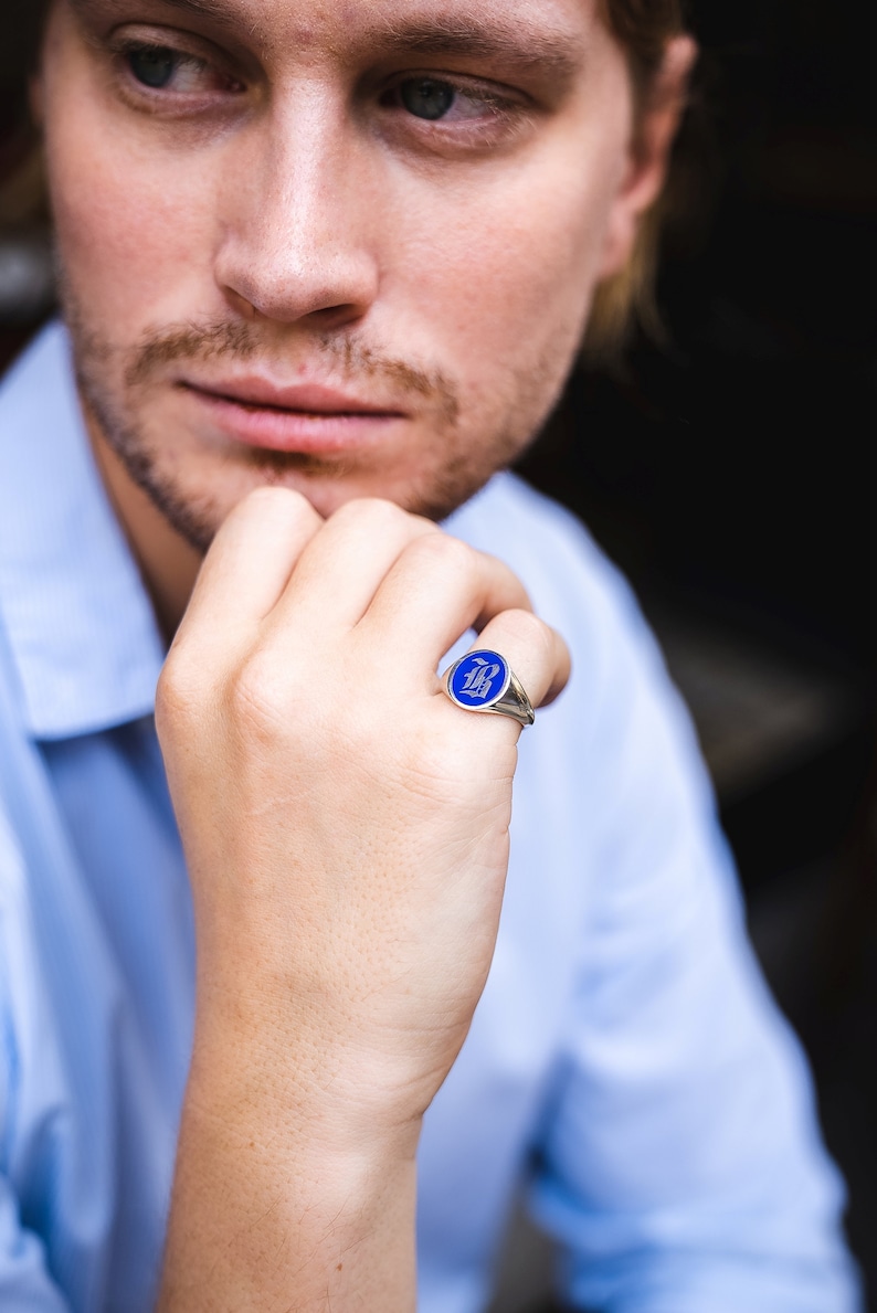 Gold Blue Enamel Initial Signet Ring, Initial Signet Ring, Initial Ring, Letter Signet Ring, Gold Initial Ring, Initial Ring Silver, Black image 9