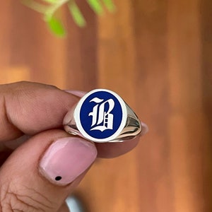 Gold Blue Enamel Initial Signet Ring, Initial Signet Ring, Initial Ring, Letter Signet Ring, Gold Initial Ring, Initial Ring Silver, Black image 3