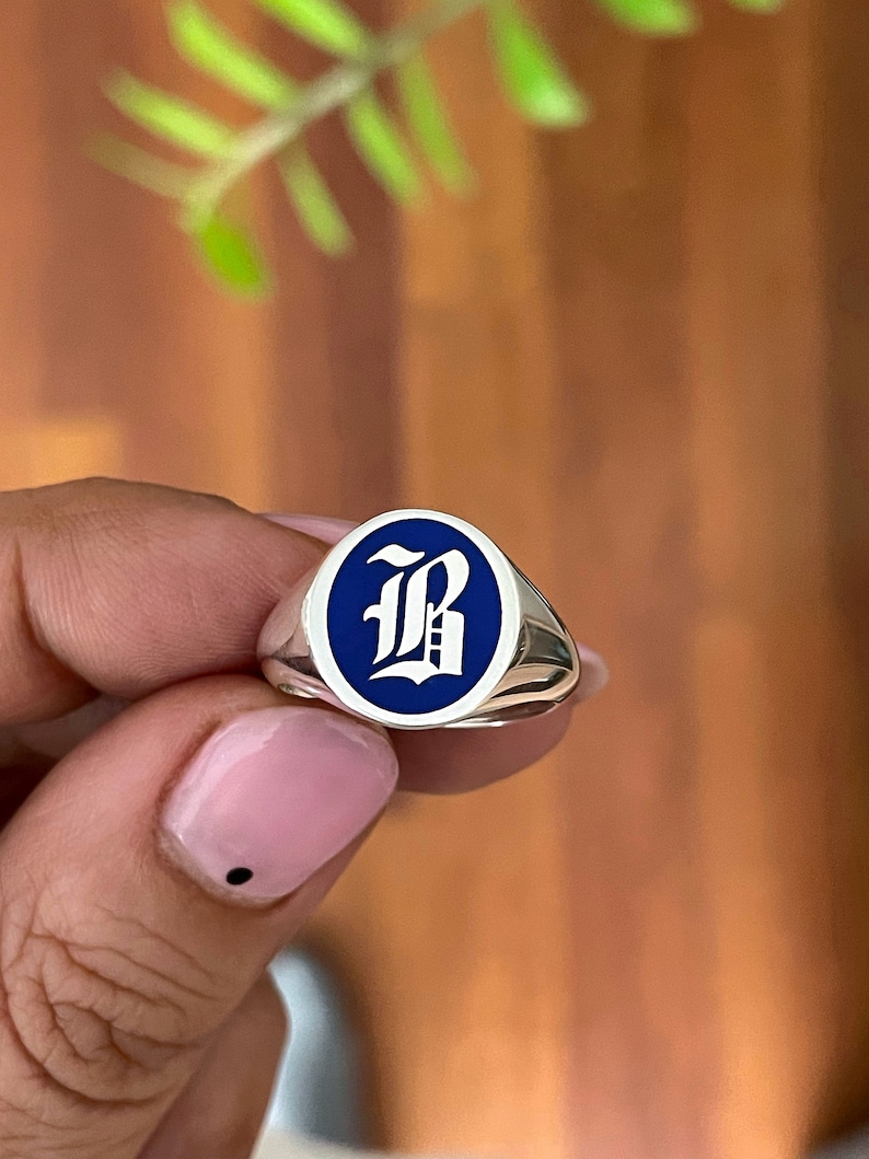 Gold Blue Enamel Initial Signet Ring, Initial Signet Ring, Initial Ring, Letter Signet Ring, Gold Initial Ring, Initial Ring Silver, Black image 3