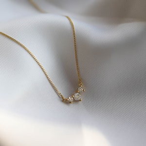 14k Gold Dainty Diamond Necklace, Three Diamonds Necklace, Delicate Gold Necklace, 3 Stone Necklace, Mothers Day Gift for First Time Mom image 2