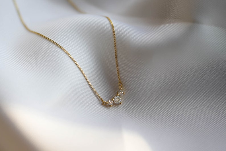 14k Gold Dainty Diamond Necklace, Three Diamonds Necklace, Delicate Gold Necklace, 3 Stone Necklace, Mothers Day Gift for First Time Mom image 2