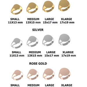 May include: Oval signet ring sizes in gold, silver, and rose gold. The rings are shown in four sizes: small (11x13 mm), medium (13x15 mm), large (15x17 mm), and x-large (17x19 mm).