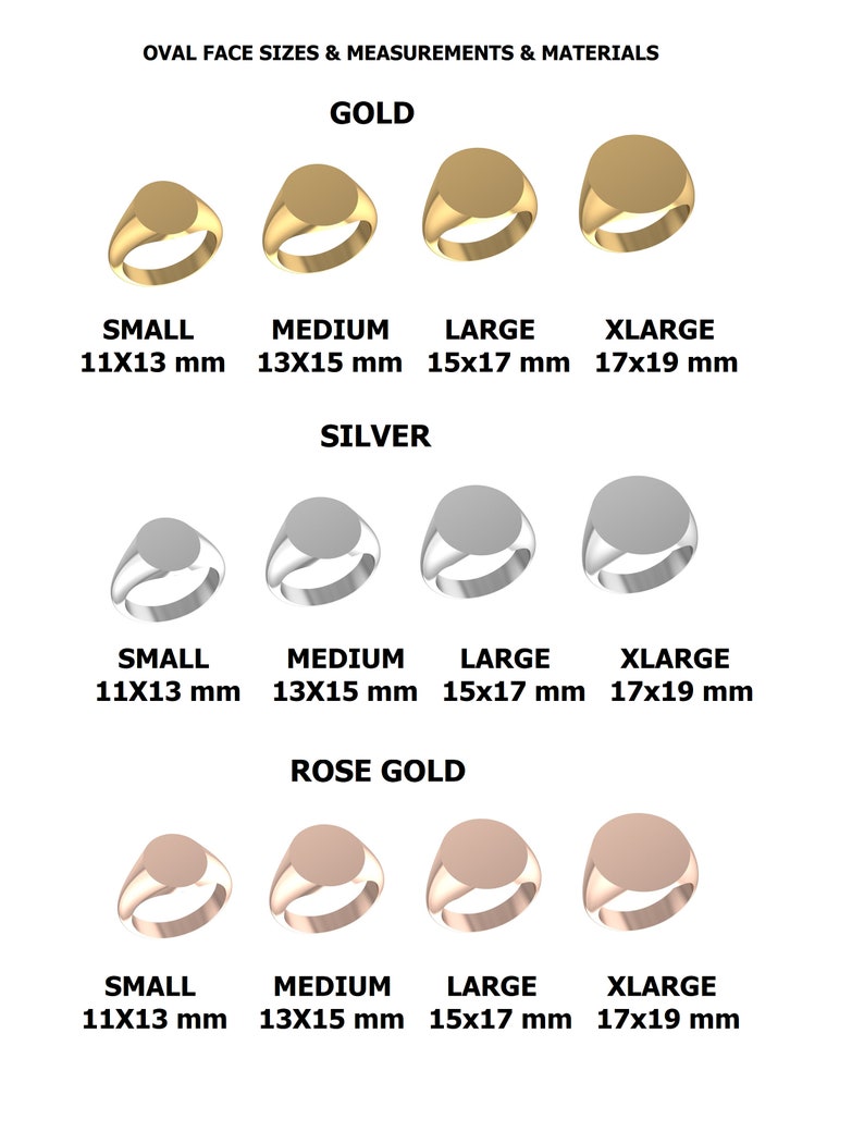 May include: Oval signet ring sizes in gold, silver, and rose gold. The rings are shown in four sizes: small (11x13 mm), medium (13x15 mm), large (15x17 mm), and x-large (17x19 mm).