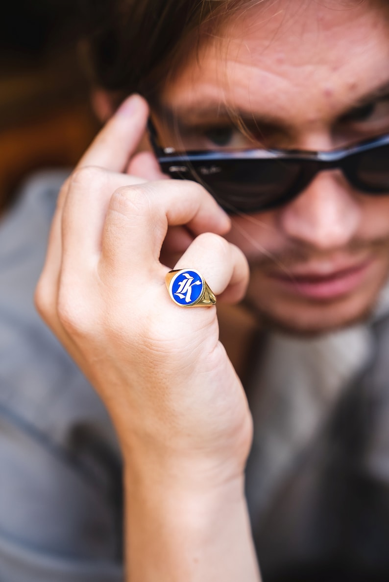 Gold Blue Enamel Initial Signet Ring, Initial Signet Ring, Initial Ring, Letter Signet Ring, Gold Initial Ring, Initial Ring Silver, Black image 1