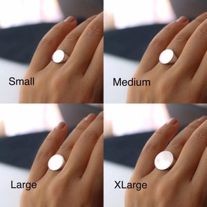 Pu&ograve; includere: Quattro anelli a sigillo d'argento in diverse dimensioni: piccolo, medio, grande ed extra large. Gli anelli sono mostrati su una mano, con l'etichetta della dimensione sotto ogni anello.