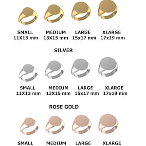 Puede incluir: Imagen de anillos de sello ovalados en oro, plata y oro rosa. Los tama&ntilde;os var&iacute;an de peque&ntilde;o (11x13 mm) a xlarge (17x19 mm). El texto en la parte superior dice "OVAL FACE SIZES & MEASUREMENTS & MATERIALS."