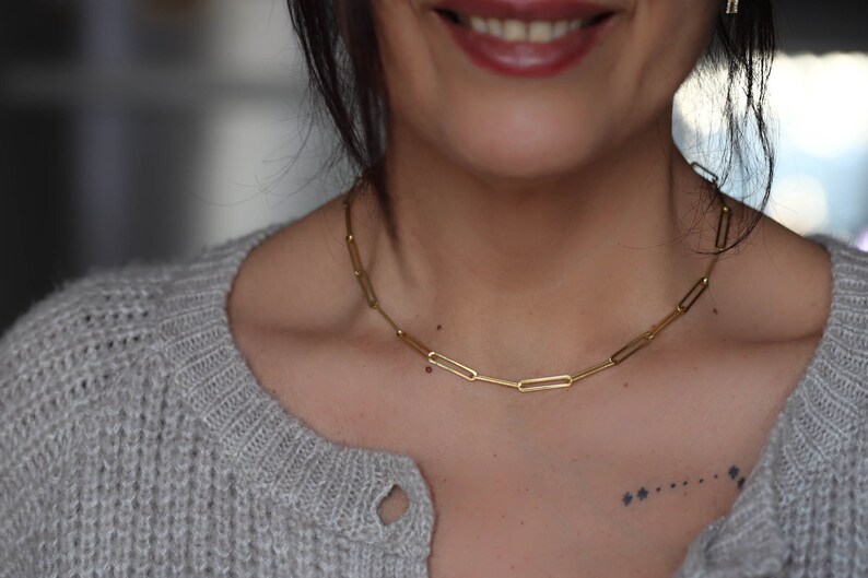 Paperclip chain necklace, Gold paperclip necklace, Chain Choker, Long Link Chain, Open Link Necklace, Simple Gold Necklace, Womens Chain image 1