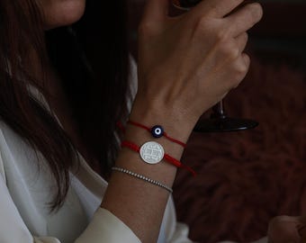 Custom Monogram Bracelet, Personalized Monogram Silver Bracelet w Adjustable Red String, Sterling Silver Initial Bracelet, Monogram Jewelry