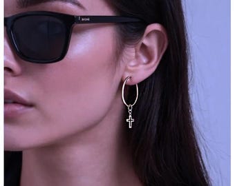 Delicate Cross Hoop Earring, Gold Cross Earring, Small Gold Hoop with Cross, 14k Gold Cross Dangle Earring, Minimalist Cross Earring