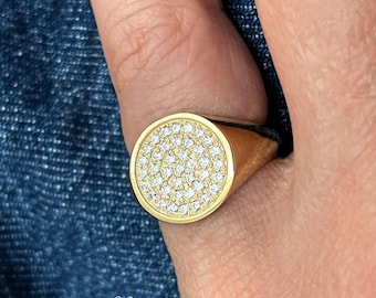 Anillo de sello de diamantes en oro macizo de 14 k con pavé para el meñique de mujer, regalo para ella