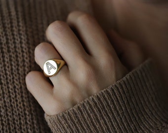 Gold Diamond Initial Signet Ring, Gold Initial Ring, Initial Ring, Gold Letter Ring, Personalized Gold Signet Ring, Initial Gold Signet Ring
