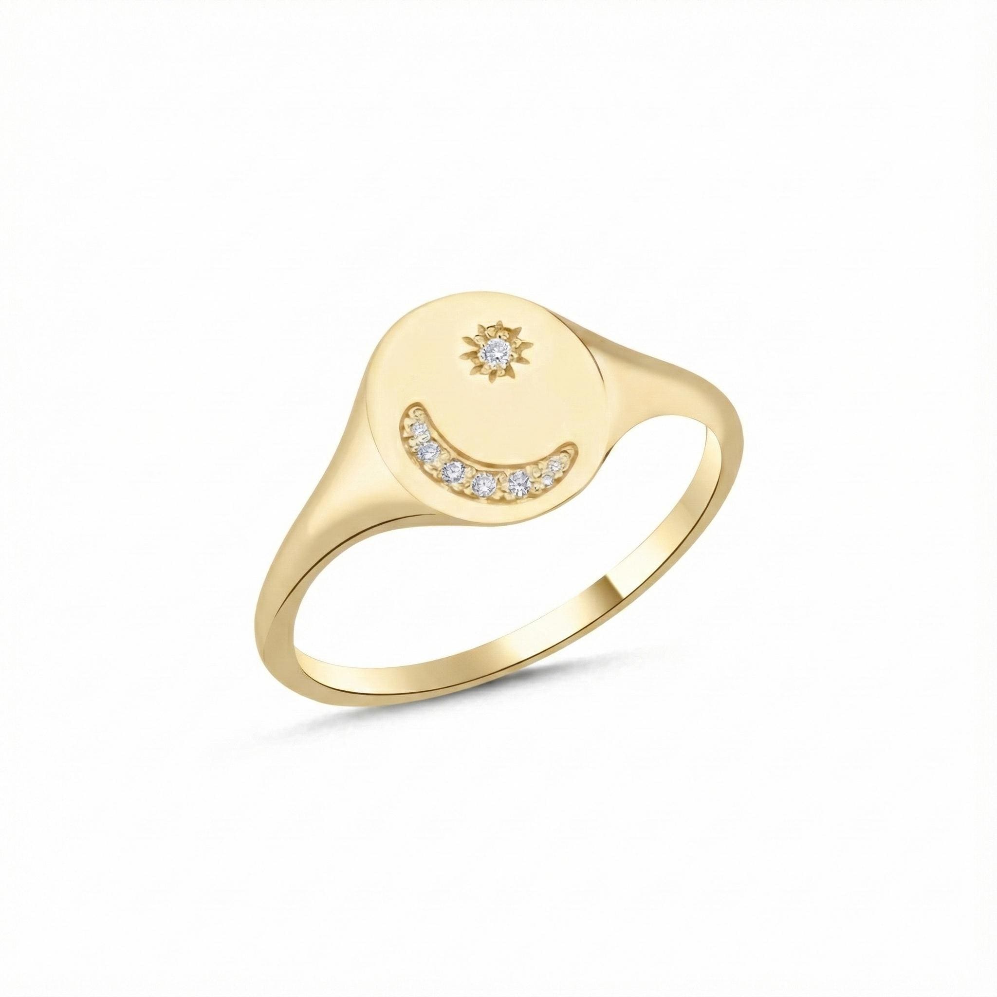Crescent Moon and Star Signet Ring, Paved Celestial Pinky Ring