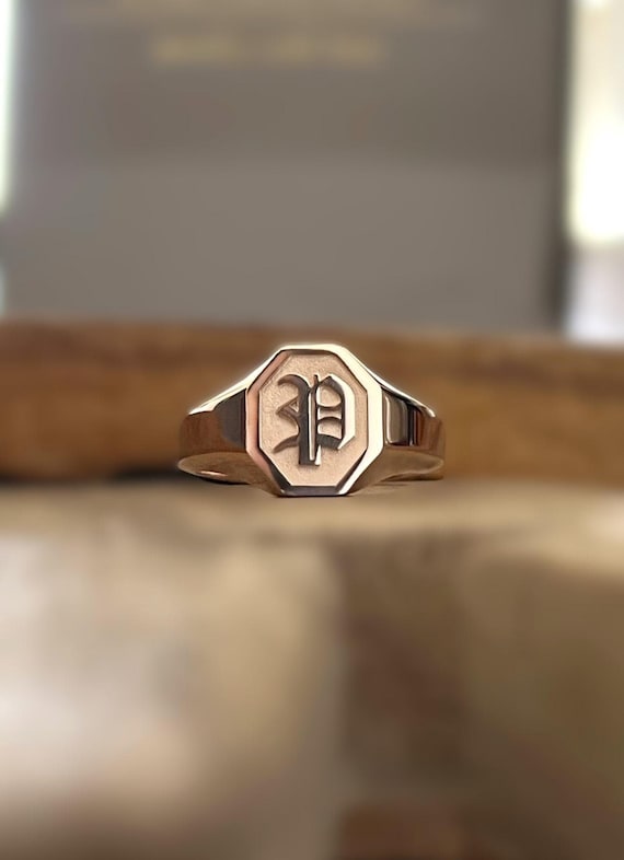Rose Gold Letter P Initial Signet Ring, 10k 14kt Gold Custom