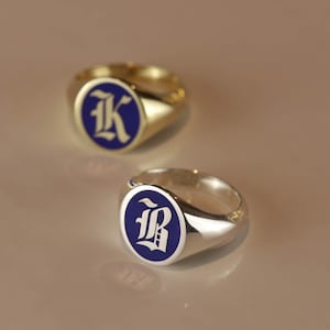 Gold Blue Enamel Initial Signet Ring, Initial Signet Ring, Initial Ring, Letter Signet Ring, Gold Initial Ring, Initial Ring Silver, Black image 8