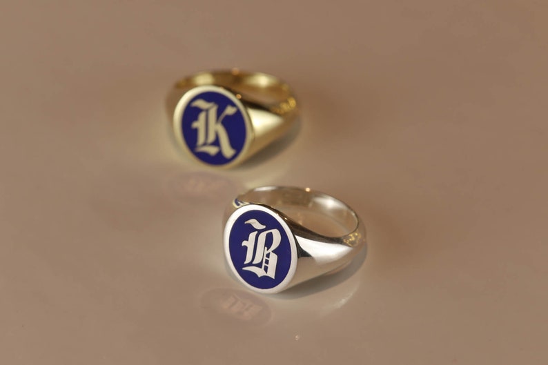 Gold Blue Enamel Initial Signet Ring, Initial Signet Ring, Initial Ring, Letter Signet Ring, Gold Initial Ring, Initial Ring Silver, Black image 8